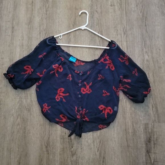 Color of Life Crop Button Up See Through Blouse ~ Sz L ~ Navy Blue ~ Red Bows - Picture 1 of 3